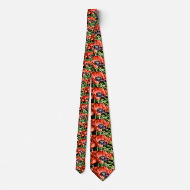 Red Poppies & Stamen Flowers Flora Art Gifts Tie (Back)