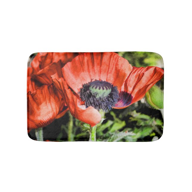 Red Poppies & Stamen Flowers Flora Photo Bath Mat (Front)