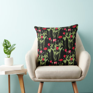 Red poppies summer meadow, wild flowers cushion