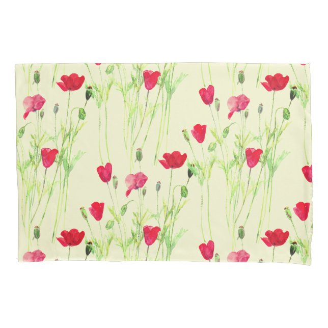 Red poppies summer meadow, wild flowers pillowcase (Front)