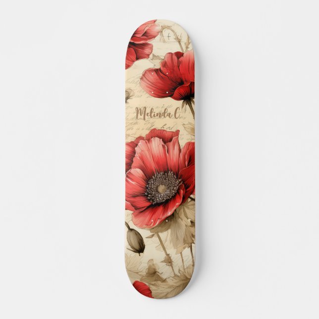 Red Poppies Vintage Inspired With Name Skateboard (Front)