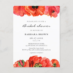 Red poppies watercolor bridal shower invitation postcard