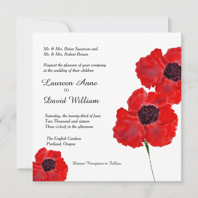 Red Poppies Watercolor Custom Wedding Invitation (Front)