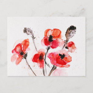 Red Poppies Watercolor Floral Art Holiday Postcard