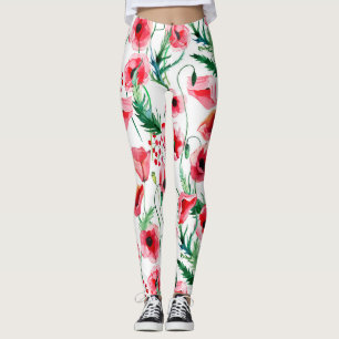 Red poppies: watercolor floral illustration leggings