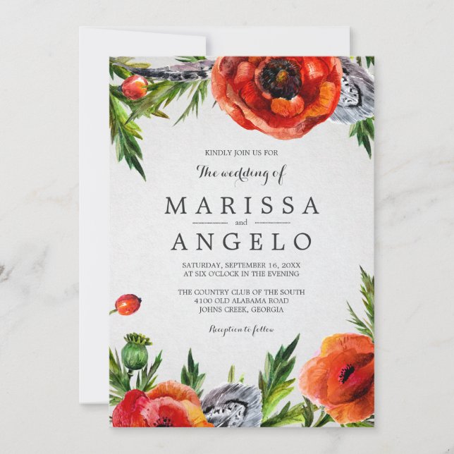 Red Poppies Watercolor Floral Wedding Invitation (Front)