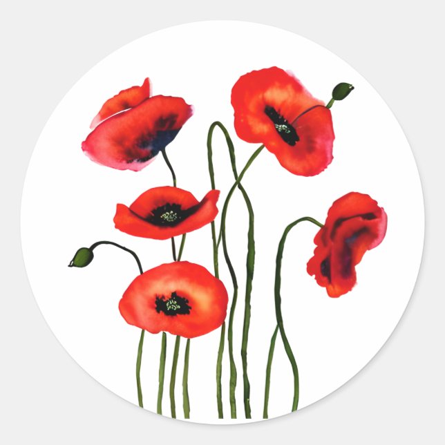 Red Poppies Watercolor Flowers Classic Round Sticker (Front)