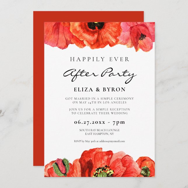 Red poppies watercolor Happily ever after party Invitation (Front/Back)