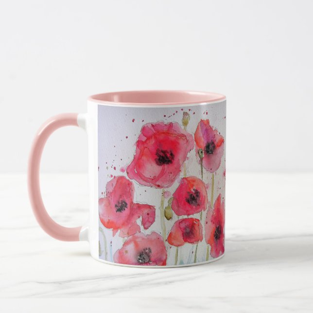 Red Poppies Watercolor Painting Mug Pink (Left)