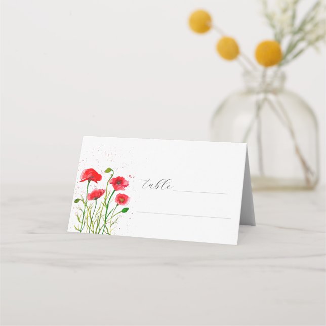 Red Poppies Watercolor Poppy Floral Wedding Place Card (Front)