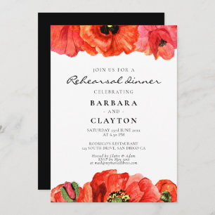 Red poppies watercolor rehearsal dinner invitation