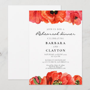 Red poppies watercolor rehearsal dinner invitation