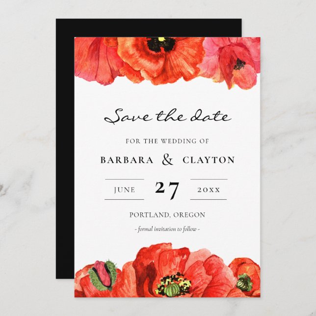 Red poppies watercolor Save the date Invitation (Front/Back)
