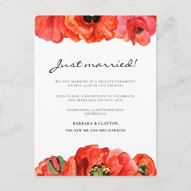 Red poppies watercolor wedding announcement postcard (Front)