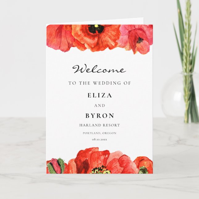 Red poppies watercolor wedding folded Program (Front)