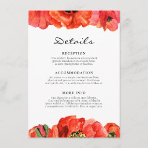 Red poppies watercolor wedding guest information enclosure card