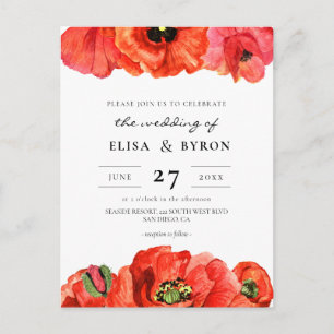 Red poppies watercolor wedding invitation postcard