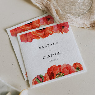 Red poppies watercolor wedding napkin