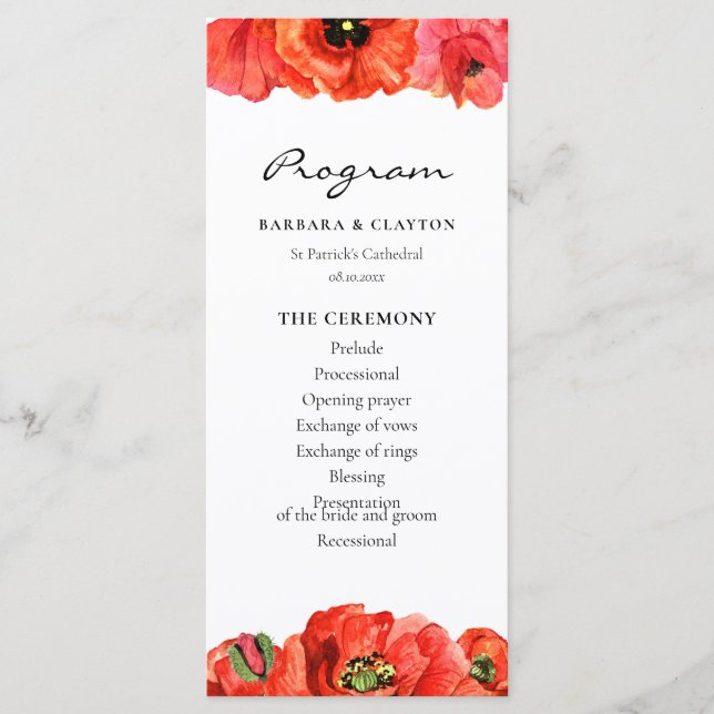 Red poppies watercolor wedding program (Front)