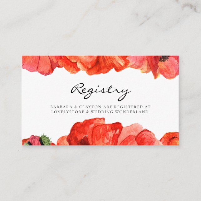Red poppies watercolor wedding registry card (Front)