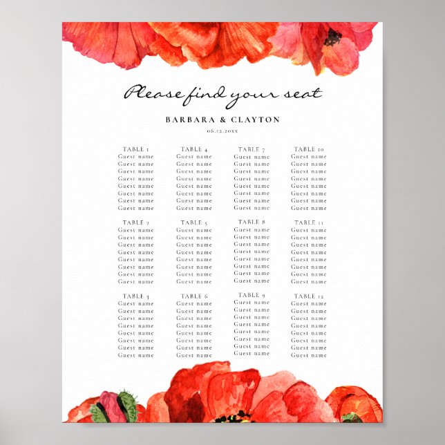 Red poppies watercolor wedding seating chart (Front)