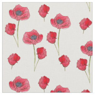 Red Poppies Watercolor Wildflowers Botanical Art Fabric