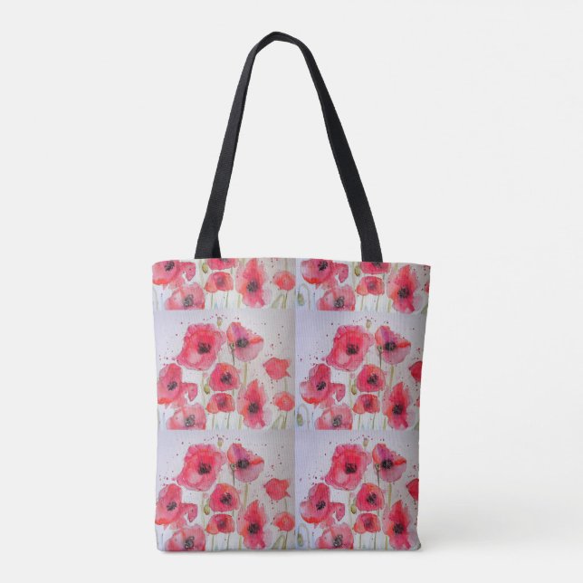 Red Poppies Watercolour Grocery Tote Bag (Back)
