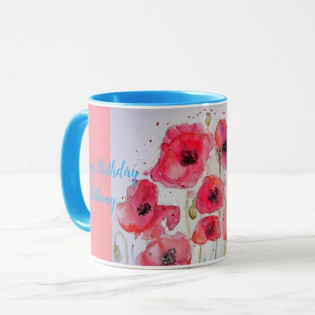 Red Poppies Watercolour Ladies Name Mug blue (Front Left)