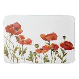 Red Poppies waving in the breeze watercolor Bath Mat