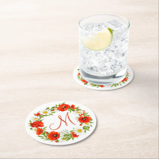 Red Poppies White Yellow Daisies Flower Wreath Round Paper Coaster