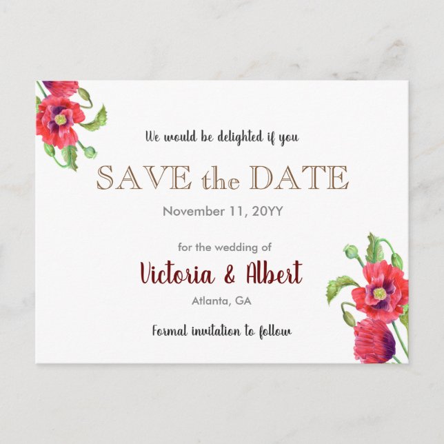 Red Poppies Wild Floral Wedding Save The Date Announcement Postcard (Front)