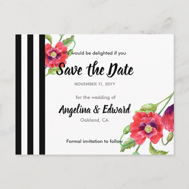 Red Poppies Wild Floral Wedding Save The Date Announcement Postcard (Front)