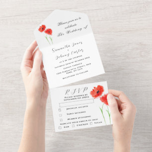 Red Poppies Wildflower Watercolor Floral Wedding All In One Invitation