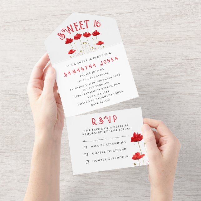 Red Poppies Wildflowers Floral Sweet 16 Sixteen All In One Invitation (Tearaway)