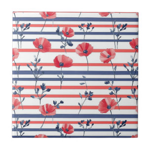 Red Poppies with Blue Leaves and Striped Pattern 2 Ceramic Tile