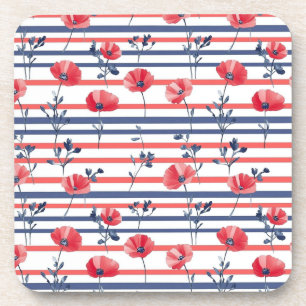 Red Poppies with Blue Leaves and Striped Pattern 2 Coaster