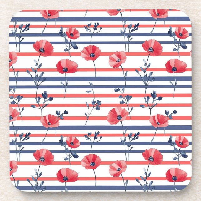 Red Poppies with Blue Leaves and Striped Pattern 2 Coaster (Front)