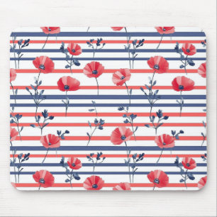 Red Poppies with Blue Leaves and Striped Pattern 2 Mouse Pad