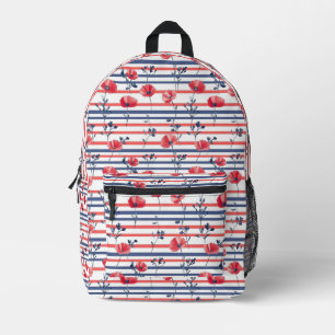 Red Poppies with Blue Leaves and Striped Pattern 2 Printed Backpack