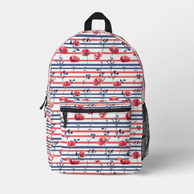 Red Poppies with Blue Leaves and Striped Pattern 2 Printed Backpack (Front)