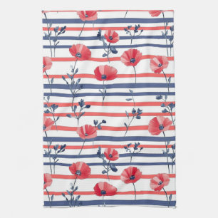 Red Poppies with Blue Leaves and Striped Pattern 2 Tea Towel
