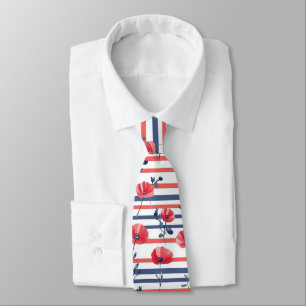 Red Poppies with Blue Leaves and Striped Pattern 2 Tie