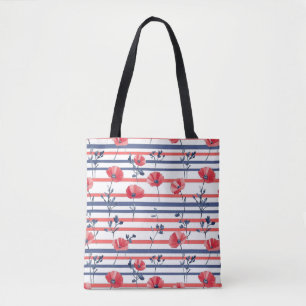 Red Poppies with Blue Leaves and Striped Pattern 2 Tote Bag