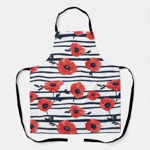 Red Poppies with Blue Leaves and Striped Pattern 3 Apron