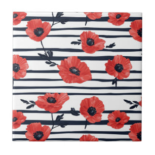 Red Poppies with Blue Leaves and Striped Pattern 3 Ceramic Tile