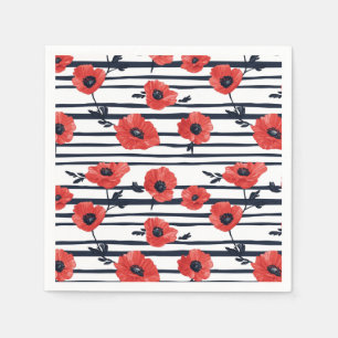 Red Poppies with Blue Leaves and Striped Pattern 3 Napkin