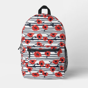 Red Poppies with Blue Leaves and Striped Pattern 3 Printed Backpack