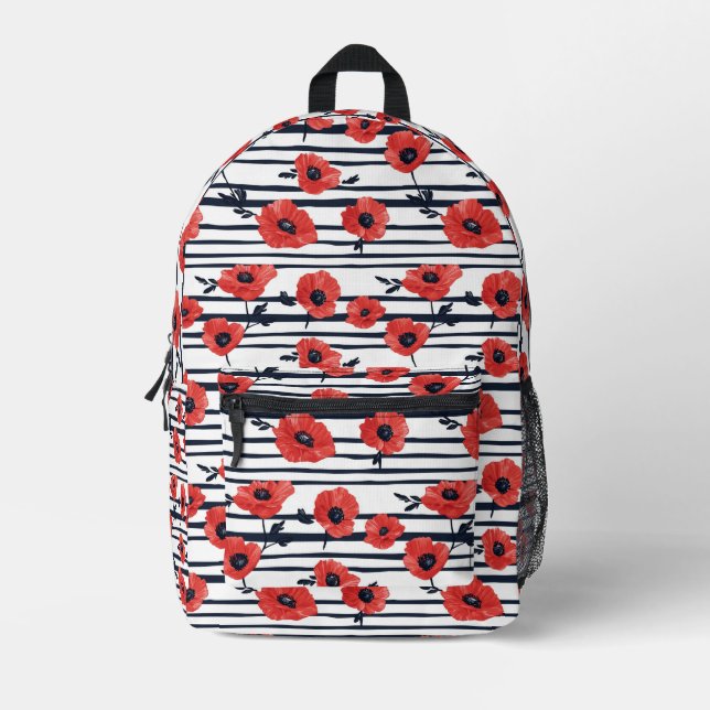 Red Poppies with Blue Leaves and Striped Pattern 3 Printed Backpack (Front)
