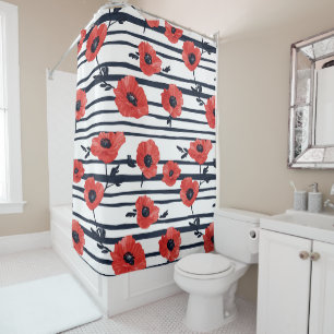 Red Poppies with Blue Leaves and Striped Pattern 3 Shower Curtain