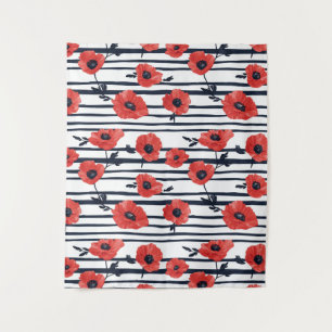 Red Poppies with Blue Leaves and Striped Pattern 3 Tapestry